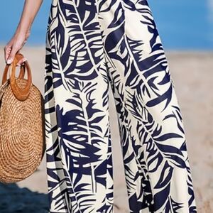 Elegant Navy and White Leaf Print Wide-Leg Pants